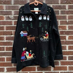 The Quacker Factory Womens 1X Fleece Christmas Black Cardigan Button Up Snowmen